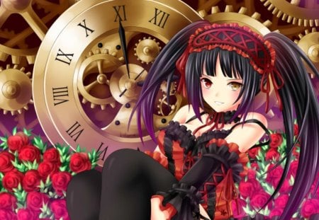 Tokisaki Kurumi - female, hot, long haair, anime girl, rose, black hair, black, anime, clock, cute, sexy, girl, twintails, loli, gown, floral, red, gears, lolita, flower, dress