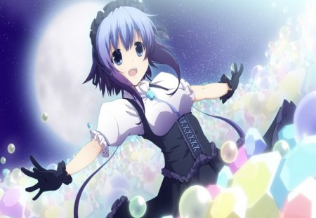 night of shiny moon 's jewels - jewels, blue hair, night, full moon, dream