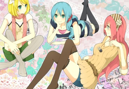 Hatsune & Friends - anime, vocaloid, hatsune miku, girls, colorful, rin kagamine, megurine luka, friends, blue eyes