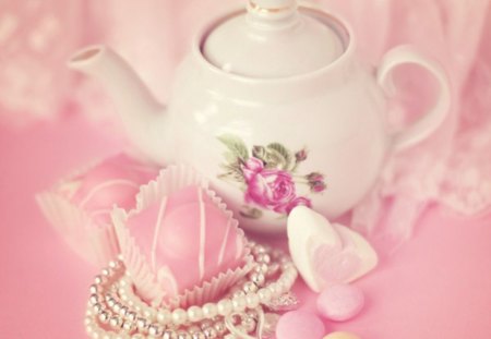 Pleasure - pink, pearls, abstract, teapot