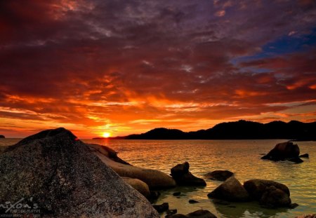 Sunset - nature, beach, sunset, rocks