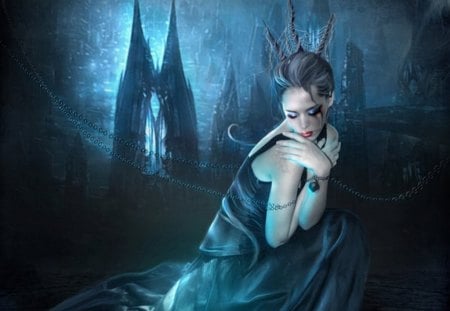 Trapped in Sadness - sadness, fantasy, lady, blue