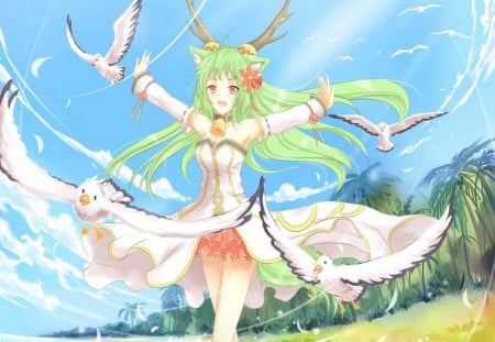 midori the one i luv - girl, long hair, blue sky, blue sea, red eyes, pretty, cute hottie midori, green hair, birds