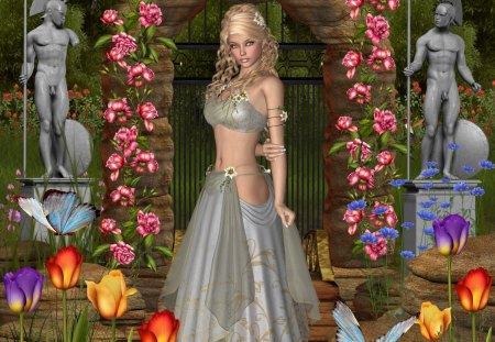 ✼.P R I N C E S S.✼ - pretty, roses, female, butterflies, dress, grass, flowers, beloved valentines, creeping roses, plants, face, other, gate, trees, beautiful, digital art, colors, lovely, sweet, hair, girls, colorful, fantasy, tulips, model, bright, cute, animals