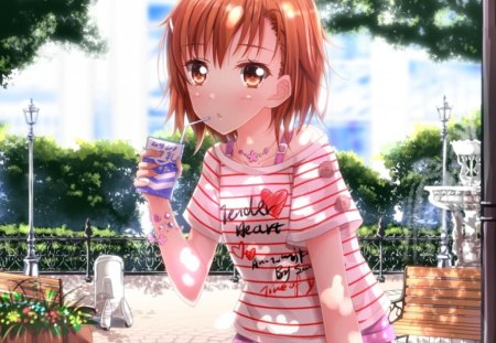 Hot Sunny Day - brown eyes, anime, anime girl, female, thirst, hot, girl, brown hair, drink, short hair, shirt, hd, cute, sexy, park