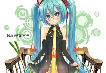 Maintenance - anime, vocaloid, female, hatsune miku, green hair, long hair, headphones, plain, hd, anime girl, twintails, hot, girl, simple, white, miku, cute, hatsune, sexy, vocaloids, leek