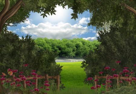 âœ¼Lovely Lil Pondâœ¼ - sky, trees, stock images, animals, rocks, pretty, clouds, cute, grass, splendid, fields, fence, forests, premade bg, lovely, plants, resources, nature, beautiful, flowers