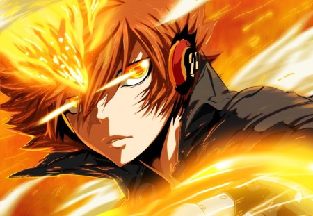 F I R E - anime, sawada tsunayoshi, guy, light, khr, boy, male, fire, hd, reborn, vongola, flame, tsunayoshi sawada, tsuna, glow, handsome, sawada, katekyo hitman reborn, blaze