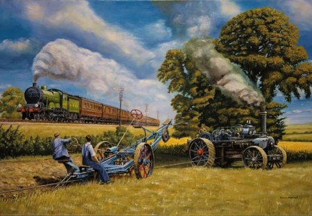 Train through the Fields - locomotion, steamtrain, railroad, people, landscape