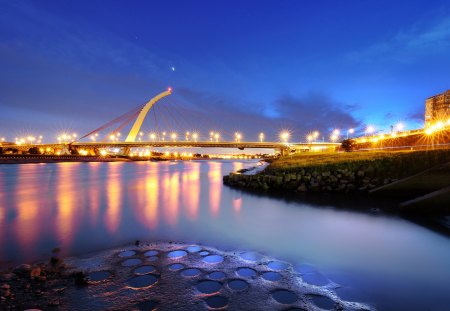 Bridge Lights - sky, night, colorful, buildings, reflection, beautiful, clouds, architecture, rivers, bridges, lights