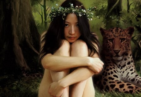 fantasy girl - wallpaper, leopard, girl, fantasy