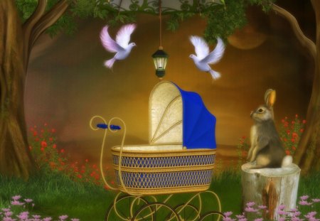 âœ¼Cuteness & Lovely Dayâœ¼ - dove, trees, cart for infants, animals, bunny, rocks, prams, softness, rabbit, cuteness, pretty, umbrella, lamp, exterior, grass, garden, cute, birds, day out, light, lovely, plants, busket, beautiful, beloved valentines, flowers