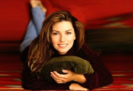 Shania Twain - red, black, girl, shania twain, singer, pillow, music, woman, green