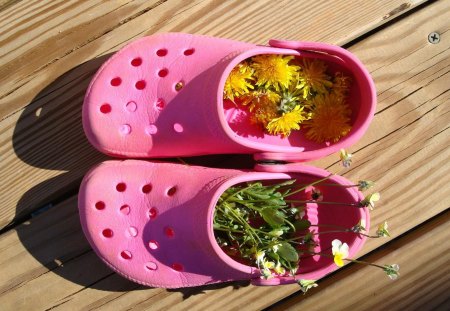 Funny - vase, yellow, shoe, spring, flower, pink, hotchpotch, funny, green