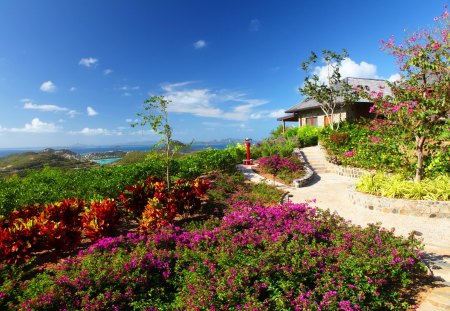 Summer villa - pretty, relax, summer, coast, flowers, path, villa, shore, lake, hotel, nice, sky, greenery, water, beautiful, vacation, slope, sea, travel, lovely, ocean, rest, colorful, nature, rental