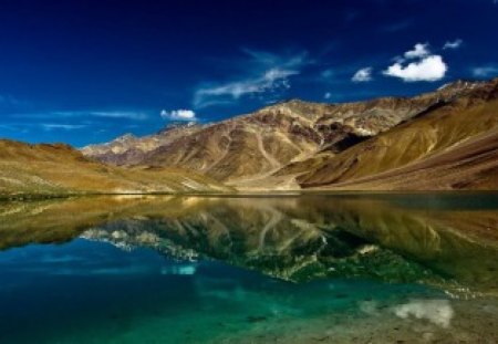 Green mirror - sky, landscape, mounatins, water, wallpaper, nature, lakes, reflection, mirror, clouds, scene