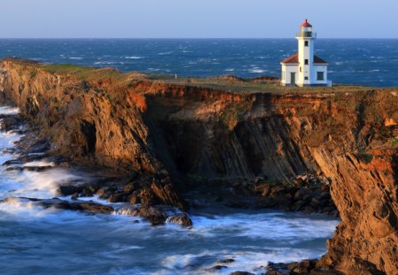 lovely lighthouse on a rocky coast point - point, coast, lighthouse, sea, rocks