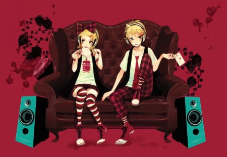 Len & Rin Kagamine - vocaloid, anime, len and rin kagamine, couch, speakers, letters, strawberry jam