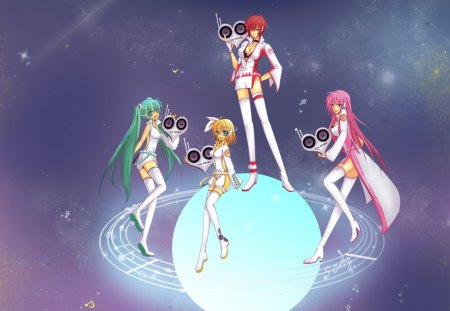 ~Planet Vocaloid~ - anime, vocaloid, meiko, hatsune miku, space, colorful, rin kagamine, musical notes, megurine luka, friends