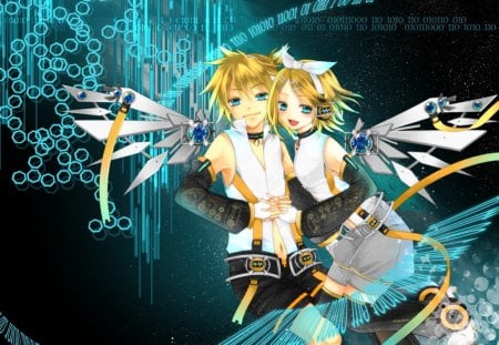 ~Forever Twins~ - wings, rin and len kagamine, vocaloid, blonde, blue eyes, anime, twins