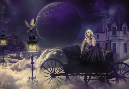 ABOVE THE SKY - moon, sky, female, night, purple, lanterns, clouds, castle, carriage