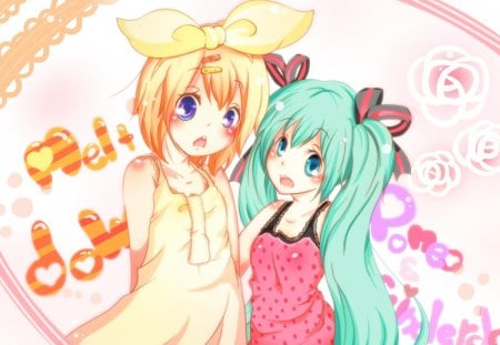 Melt Down!! - upset, friends, vocaloid, anime, hatsune miku, rin kagamine, colorful