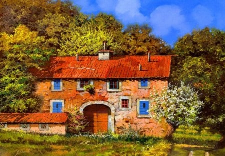 Spring in countryside - nice, cottage, freshness, peaceful, countryside, calm, painting, quiet, art, blossoms, pretty, house, grass, blooming, lovely, serenity, speing, nature, village, beautiful