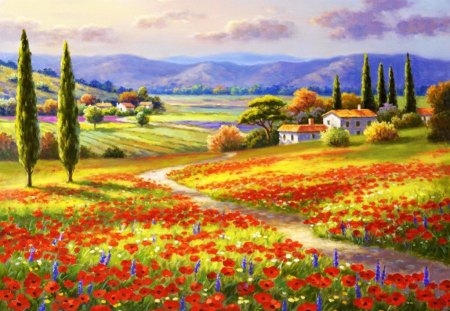 Poppy fields - hills, summer, meadow, flowers, path, art, houses, peacegul, sky, clouds, trees, poppy, fields, freshness, village, nature, cottages, painring