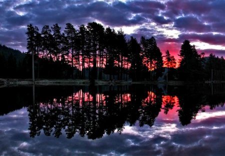 Sunset - clouds, trees, water, splendor, reflection, tree, sunset, nature, view, lake, peaceful, sky