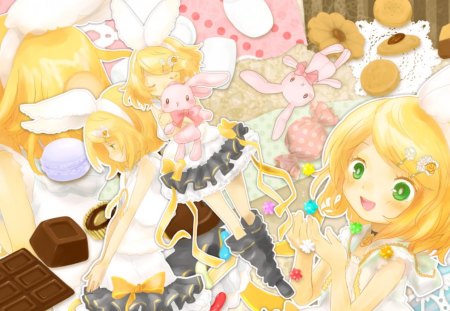 Rin's Sweet World - vocaloid, anime, rin kagamine, cookies, sweets, green eyes, bunny, candy