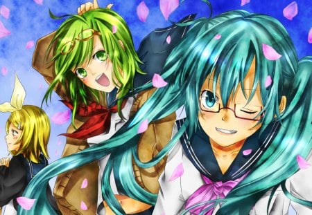 ~Vocaloid~ - gumi, girls, vocaloid, anime, rin kagamine, pink petals, friends, hatsune miku