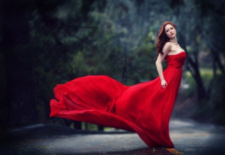 Rain - woman, red, dress, rain