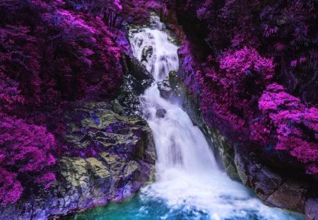 Waterfall - blue water, purple, waterfall, rocks