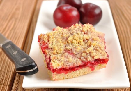 Sweet desserts - desserts, knife, pie, jam, plum, food, pastry