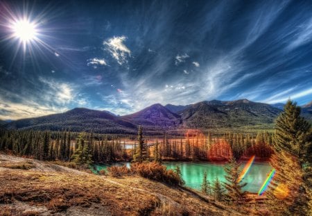 marvelous nature landscape hdr - lake, mountains, forests, sun, cluds, hdr