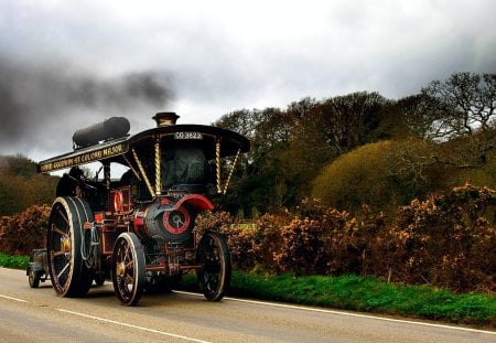 fantastic vintage steam tractor - tractor, trees, vintage, steam, road