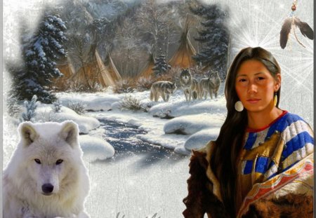 Native and a Wolf - snow, winter, predator, artwork