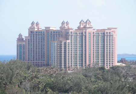 The Atlantis hotel - modern, pink, photography, hotels, trees, green