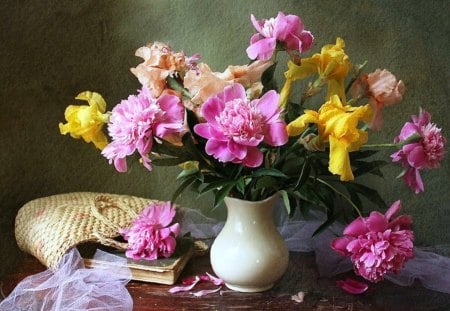 Spring flowers  in vase - vase, yellow, book, spring, pink, still life, peonies, natural, flowers, irises, nature