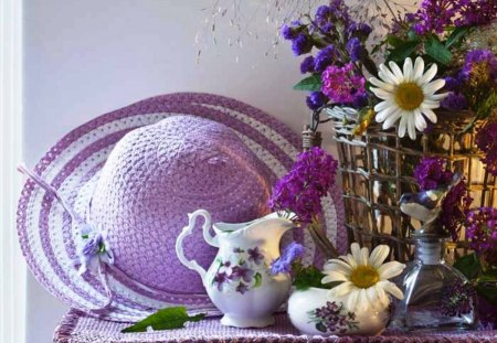 Still life - hat, photography, still life, photographer, art, purple, daisies, artist, soft, different, summer, vase, abstract, floral, blue, flowers, porcelain