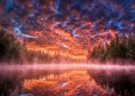 Wondrous eve - reflections, sky, lake, trees, evening, clouds, mist