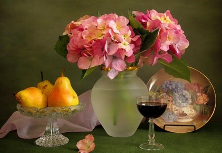 Still life - photography, pears, hydrangea, hydrangeas, wine, still life, other, art, artist, glass, fruits, saucer, vase, abstract, floral, pink, porcelain