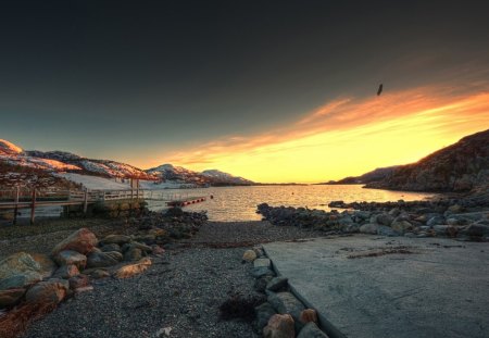 eagle flying over a beautiful lake - lake, rocks, bird, sunset, dock