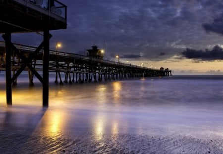 wonderful sea pier at dusk - beach, pier, sea, dusk, lights, mist