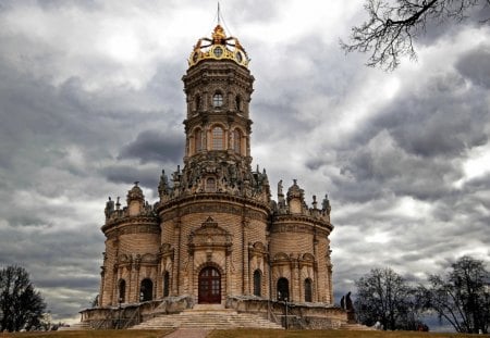 wonderful architectural church - gold, trees, church, clouds