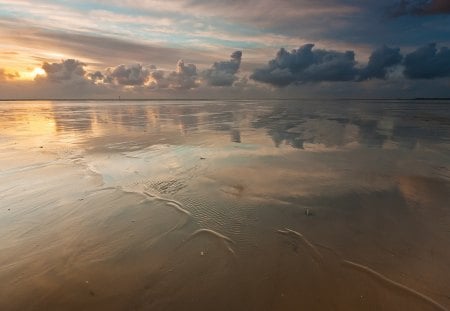 huge beach at low tide - beach, low tide, clouds, sunset, sea