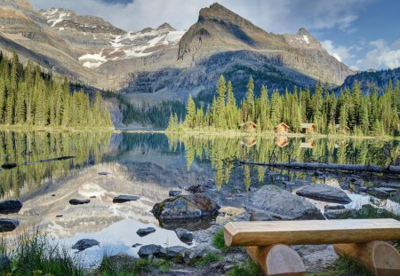 log bench overlooking wonderful lake - lake, forest, bench, mountains, cabins, rocks, reflection, trees