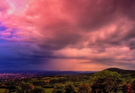 wonderful red clouds over city down the hills - trees, hills, clouds, red, city