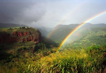 double rainbows in a green canyon - trees, canyon, clouds, rainbows, green, mountains