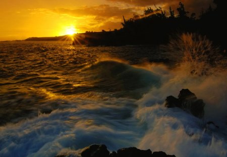 crashing waves at sunset - sunset, sea, waves, coast